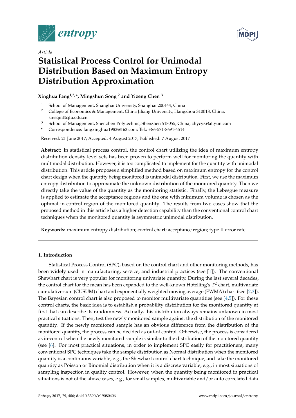 Statistical Process Control for Unimodal Distribution Based on Maximum Entropy Distribution Approximation