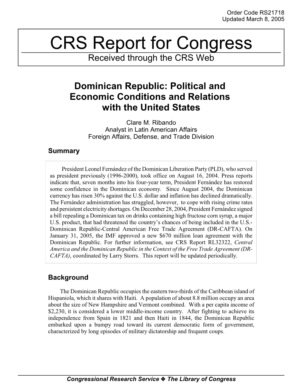 Dominican Republic: Political and Economic Conditions and Relations with the United States