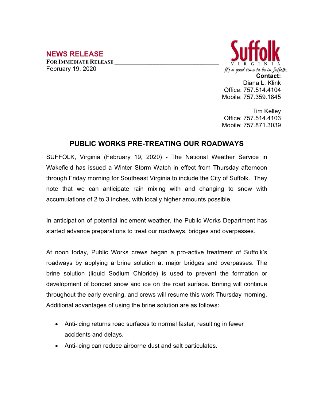News Release Public Works Pre-Treating Our Roadways