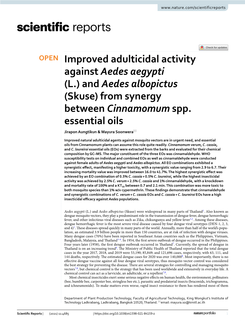 Improved Adulticidal Activity Against Aedes Aegypti (L.) and Aedes Albopictus (Skuse) from Synergy Between Cinnamomum Spp