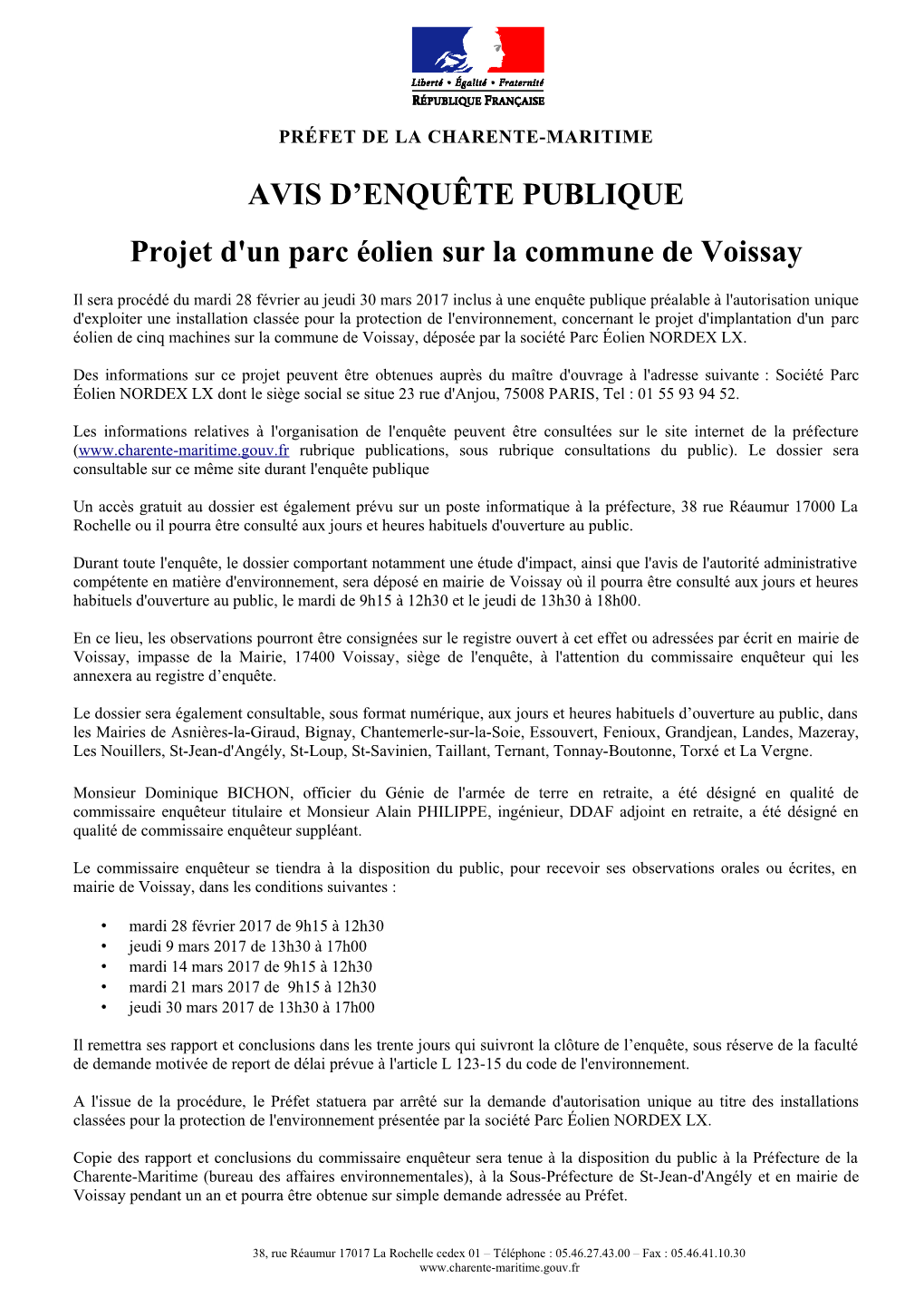 AVIS D'enquête PUBLIQUE Projet D'un Parc Éolien Sur La Commune De Voissay