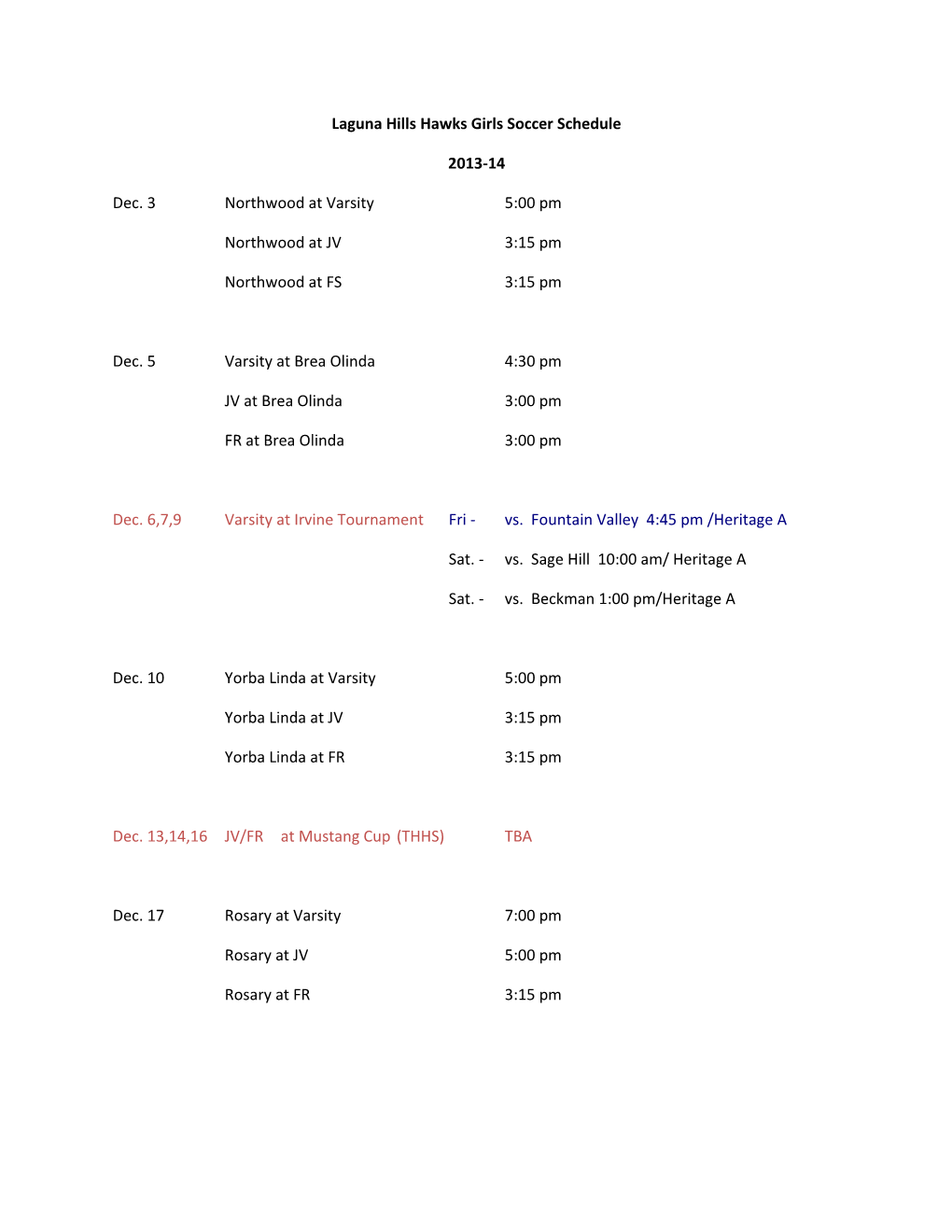 Laguna Hills Hawks Girls Soccer Schedule