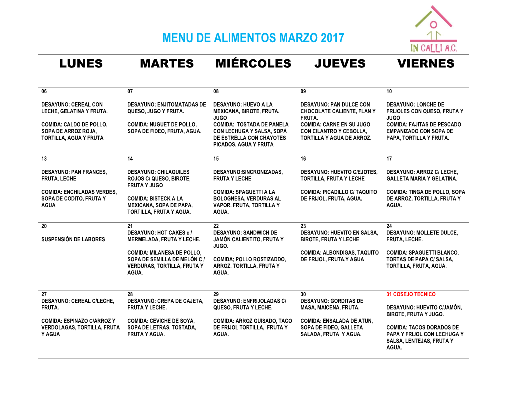 Menu De Alimentos Marzo 2017