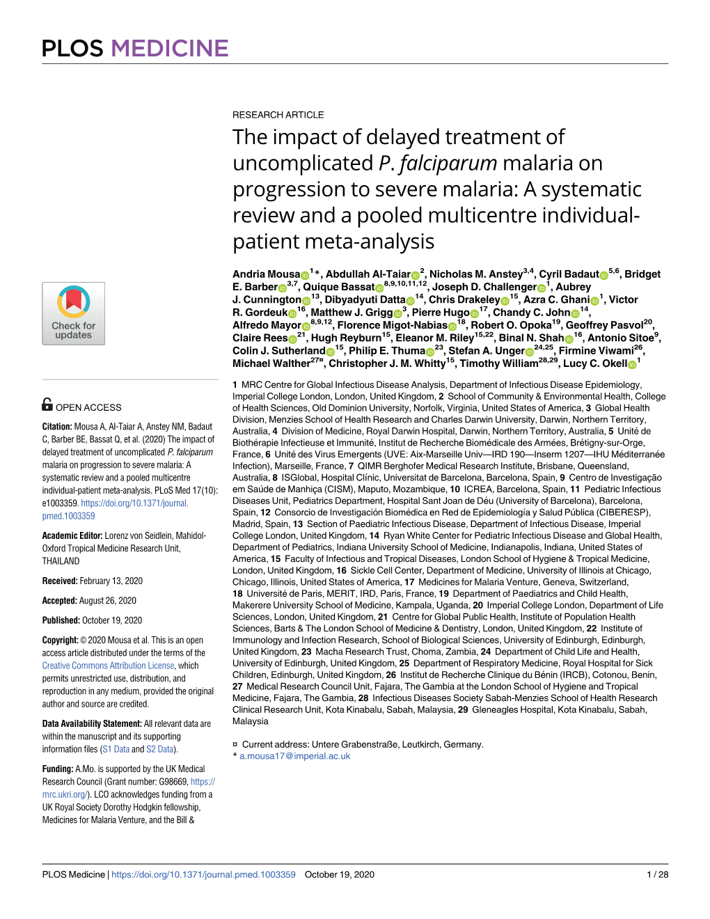 The Impact of Delayed Treatment of Uncomplicated P. Falciparum