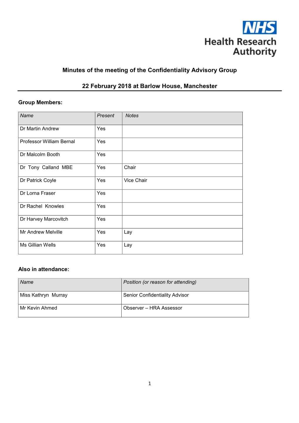 CAG Meeting Who Was in Attendance in the Capacity of an Observer, in Order to Gain an Understanding of the CAG