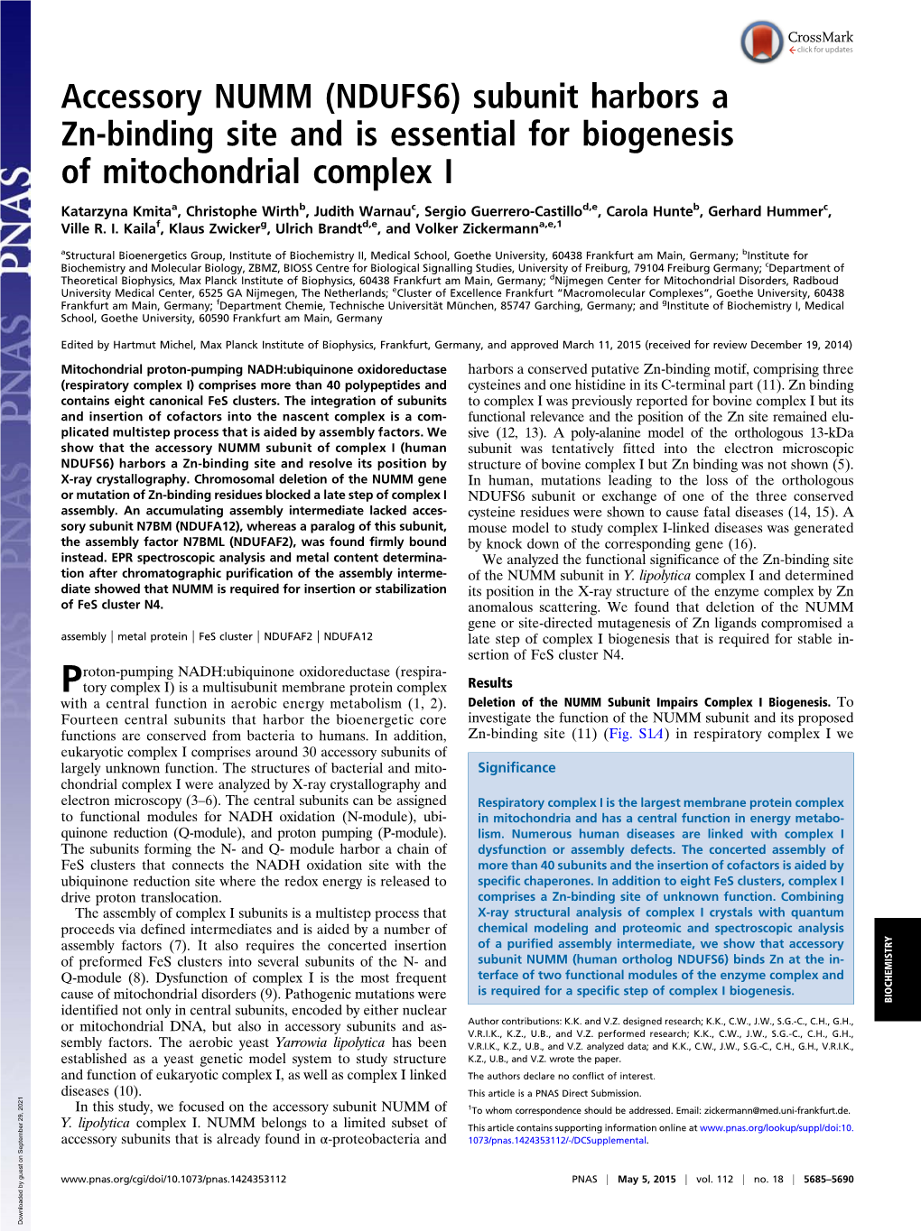 Accessory NUMM (NDUFS6) Subunit Harbors a Zn-Binding Site and Is Essential for Biogenesis of Mitochondrial Complex I