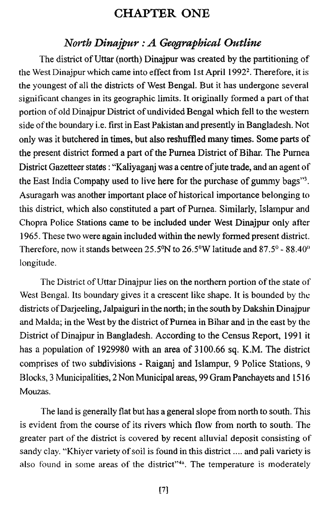 CHAPTER ONE North Dinajpur : a Geographical Outline