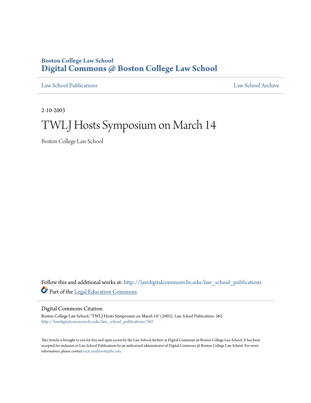 TWLJ Hosts Symposium on March 14 Boston College Law School