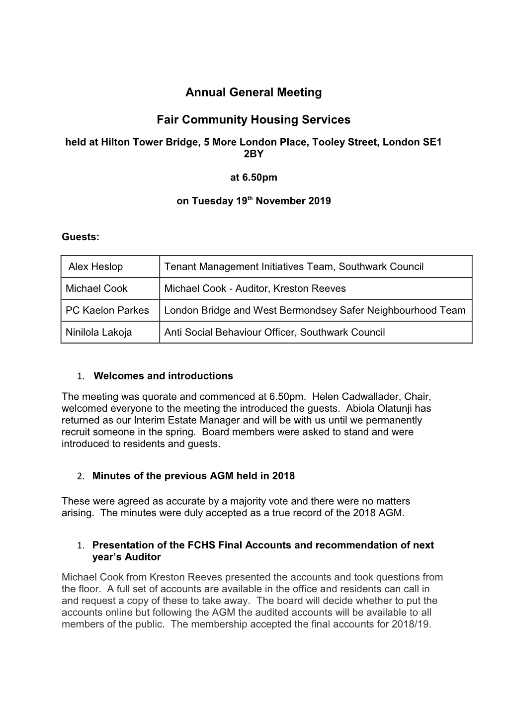 Annual General Meeting Fair Community Housing Services