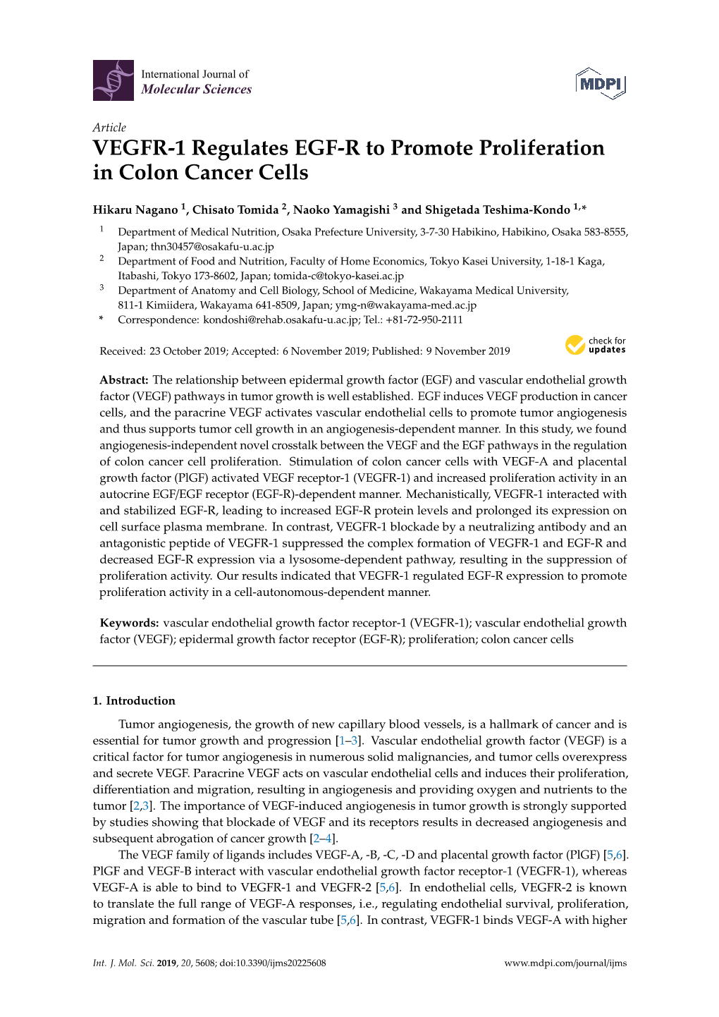 VEGFR-1 Regulates EGF-R to Promote Proliferation in Colon Cancer Cells