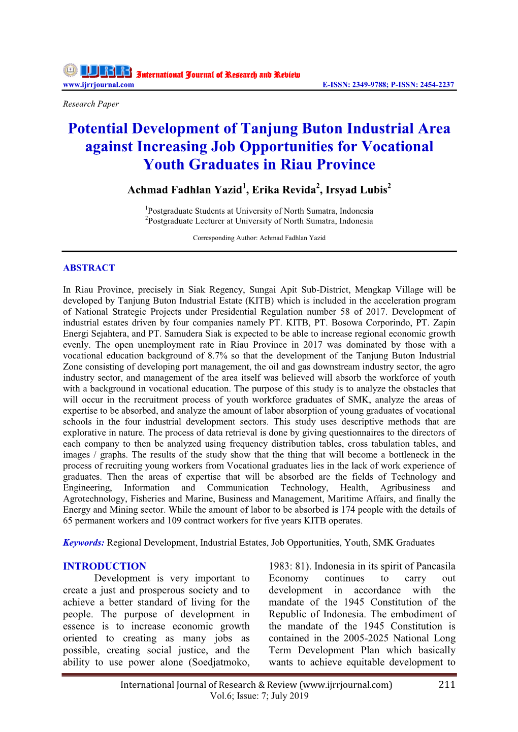 Potential Development of Tanjung Buton Industrial Area Against Increasing Job Opportunities for Vocational Youth Graduates in Riau Province