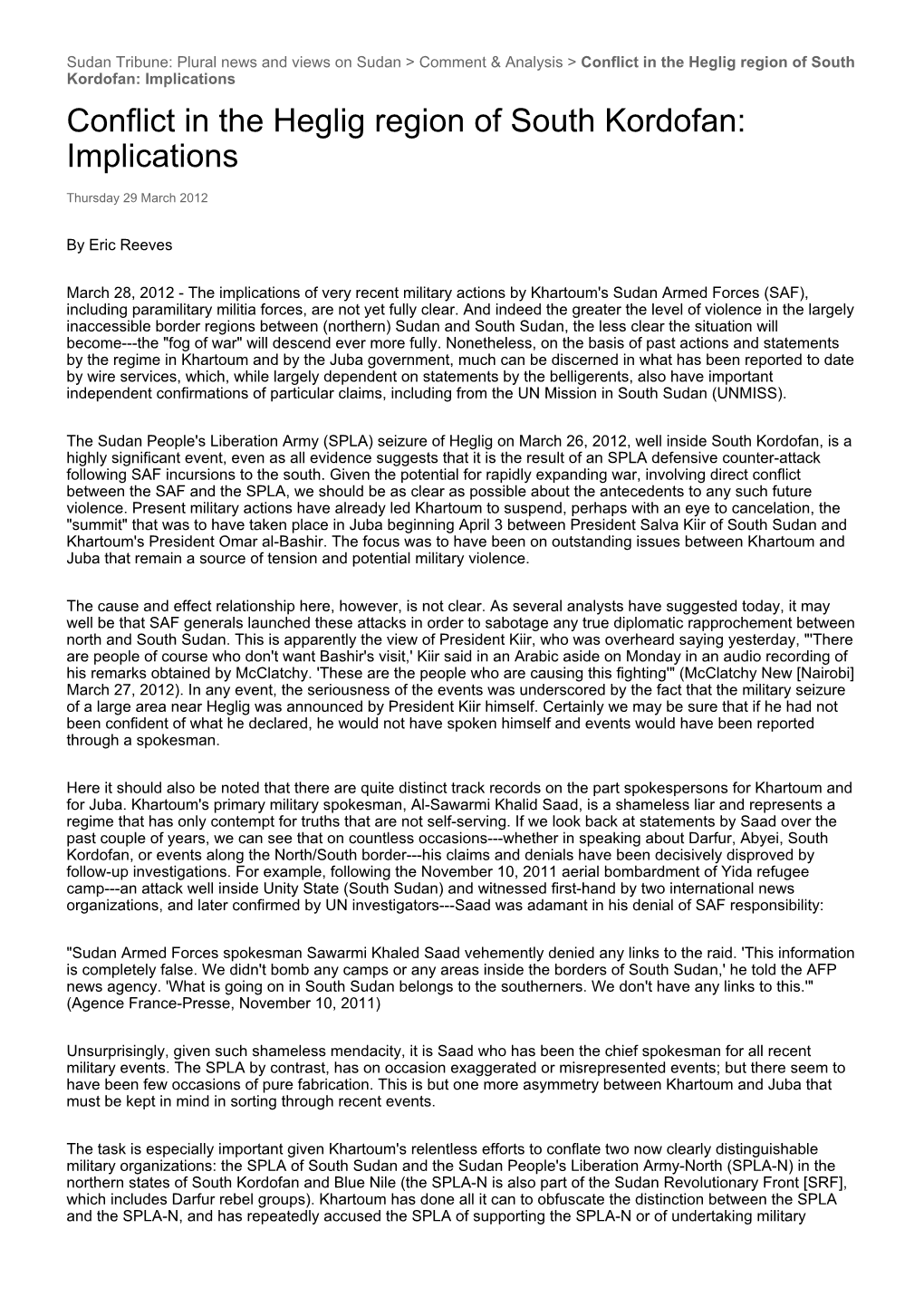 Conflict in the Heglig Region of South Kordofan: Implications Conflict in the Heglig Region of South Kordofan: Implications