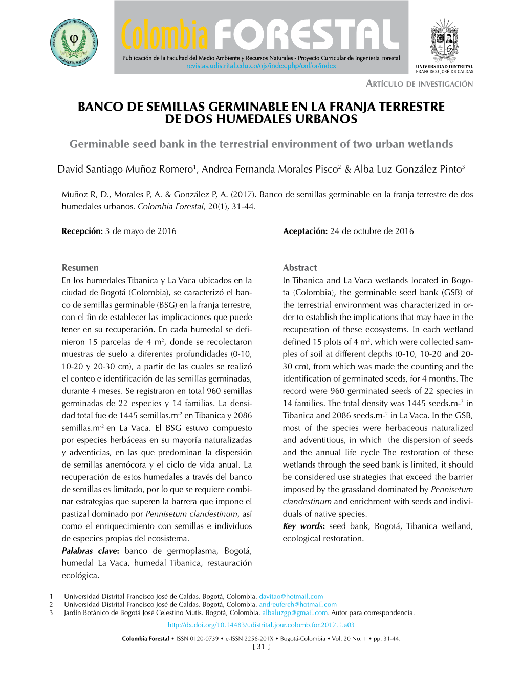 Banco De Semillas Germinable En La Franja Terrestre De Dos Humedales Urbanos