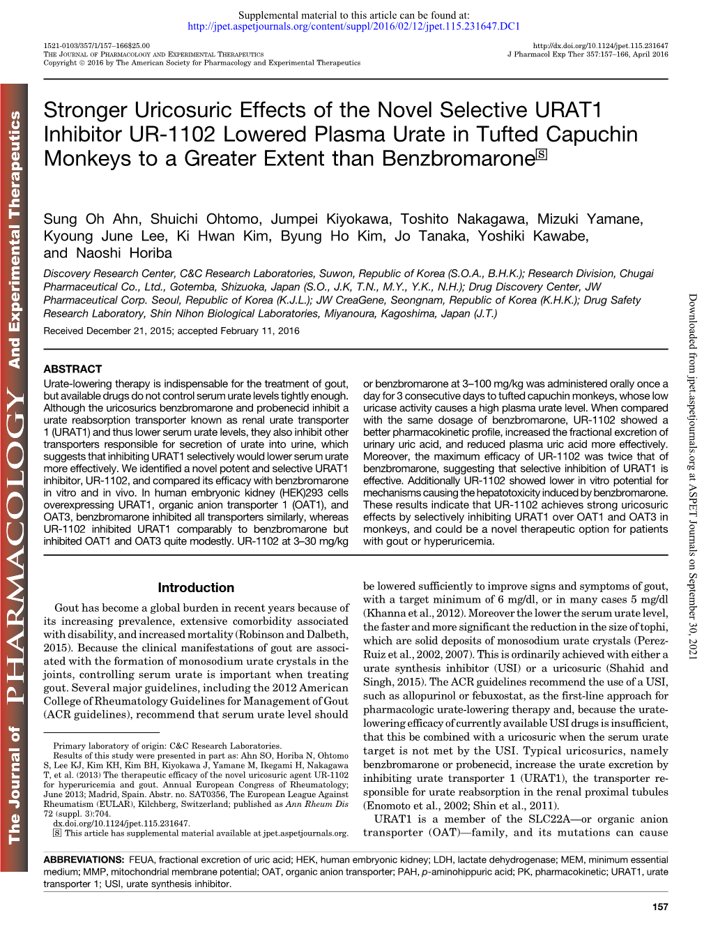 Stronger Uricosuric Effects of the Novel Selective URAT1 Inhibitor UR-1102 Lowered Plasma Urate in Tufted Capuchin Monkeys to a Greater Extent Than Benzbromarone S