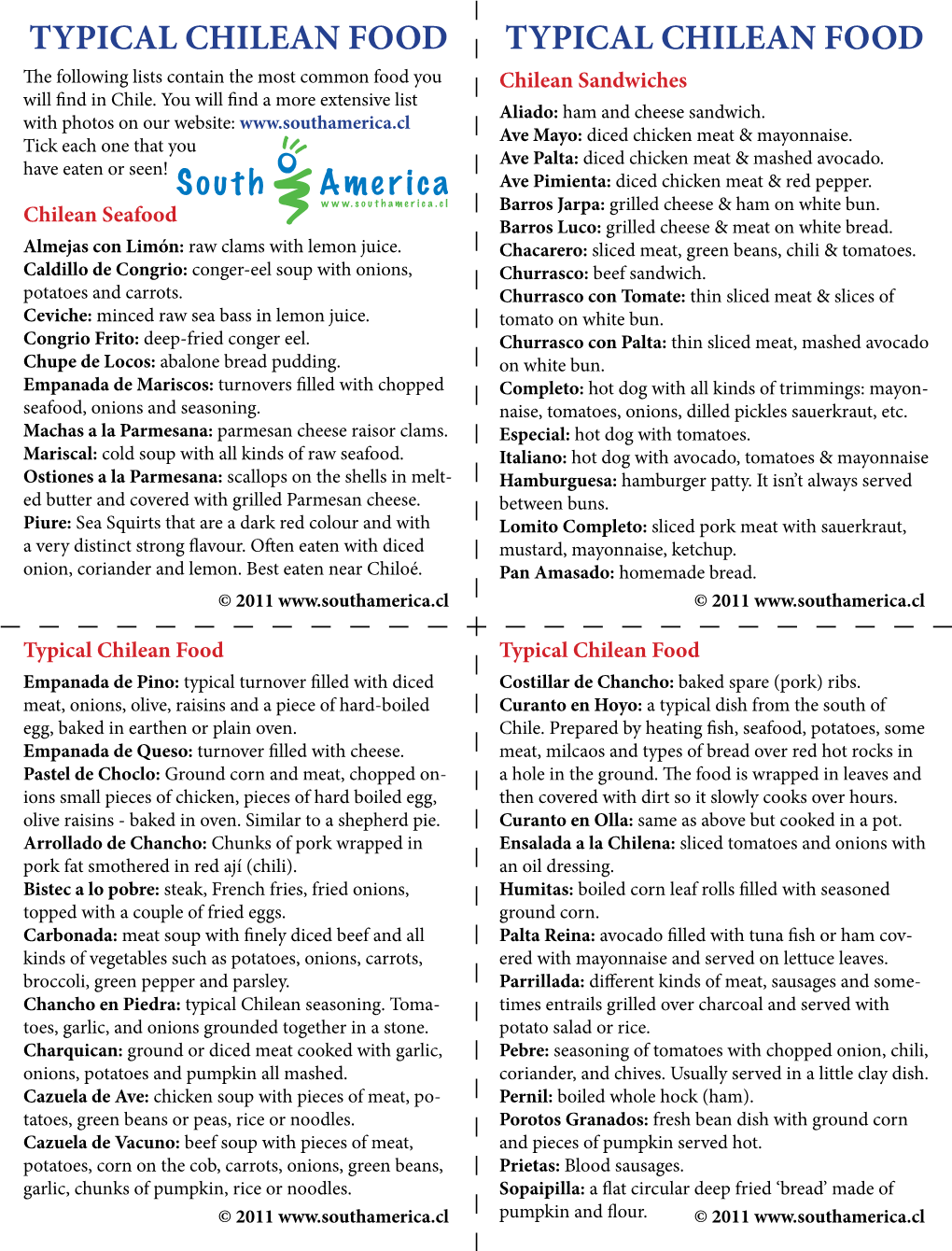 TYPICAL CHILEAN FOOD TYPICAL CHILEAN FOOD the Following Lists Contain the Most Common Food You Chilean Sandwiches Will Find in Chile