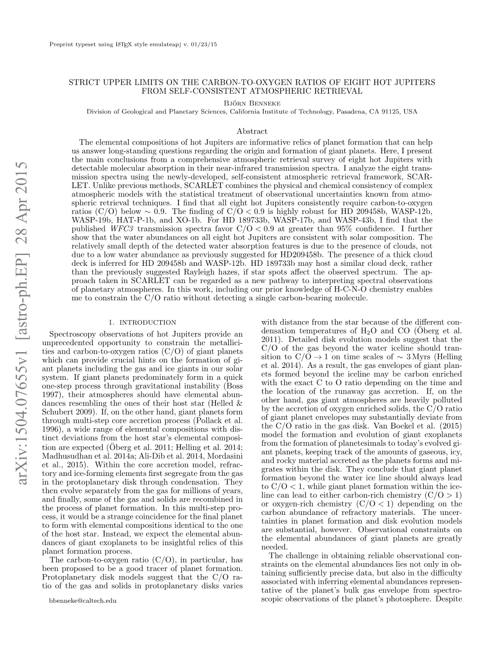 Arxiv:1504.07655V1 [Astro-Ph.EP] 28 Apr 2015 in the Protoplanetary Disk Through Condensation