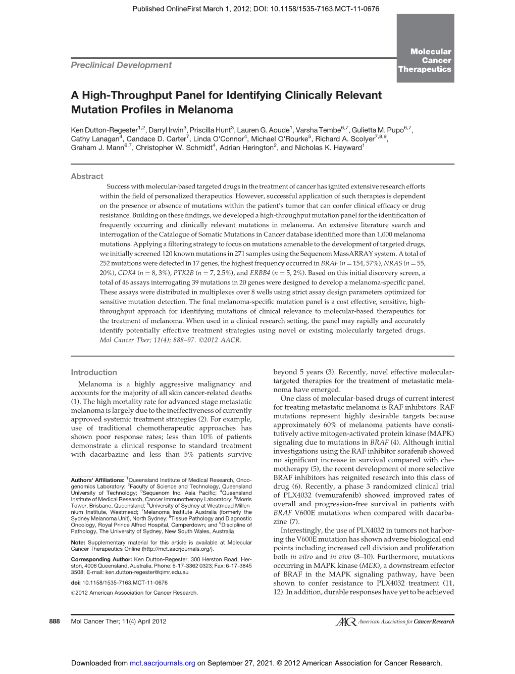 A High-Throughput Panel for Identifying Clinically Relevant Mutation Proﬁles in Melanoma