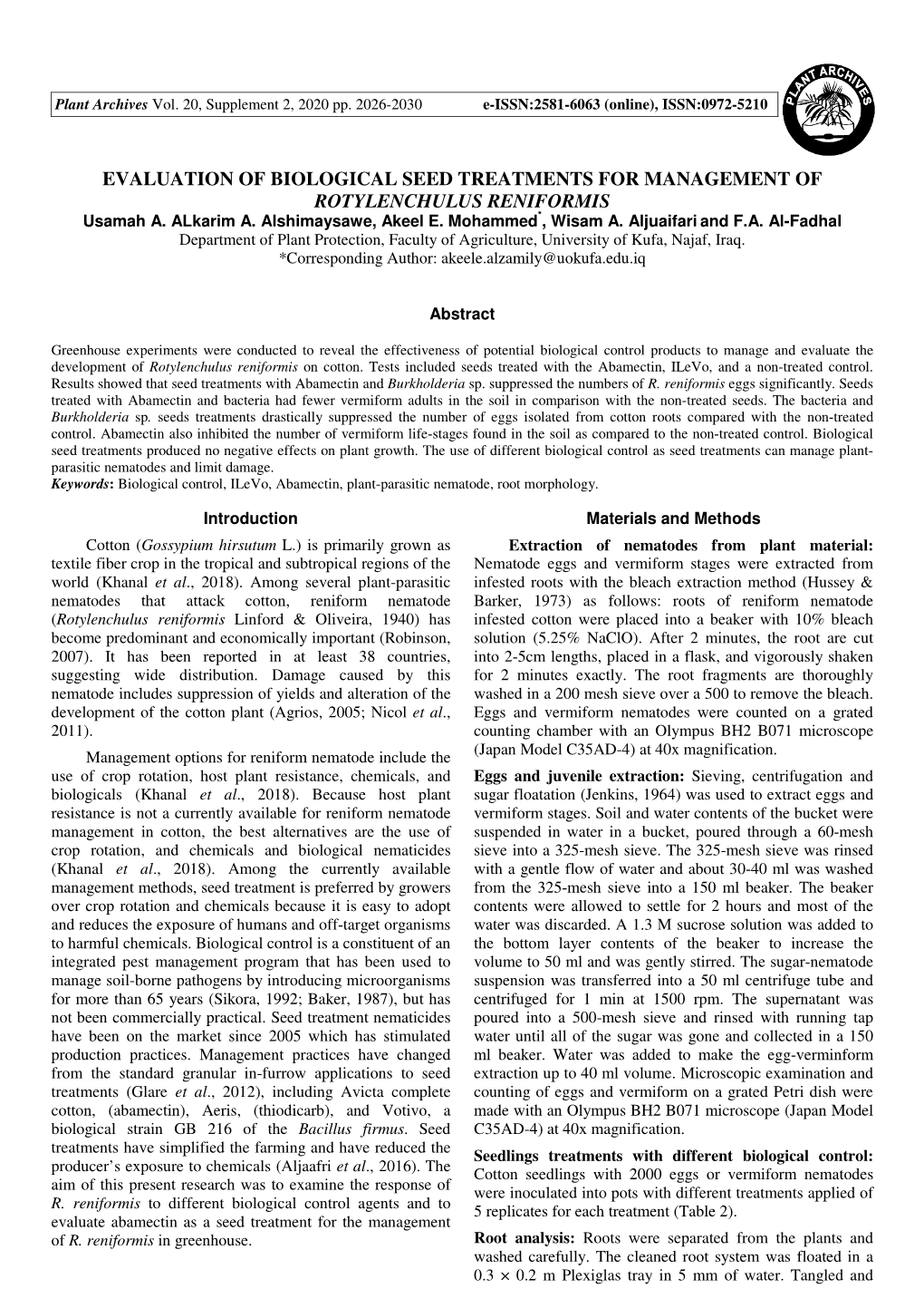 EVALUATION of BIOLOGICAL SEED TREATMENTS for MANAGEMENT of ROTYLENCHULUS RENIFORMIS Usamah A