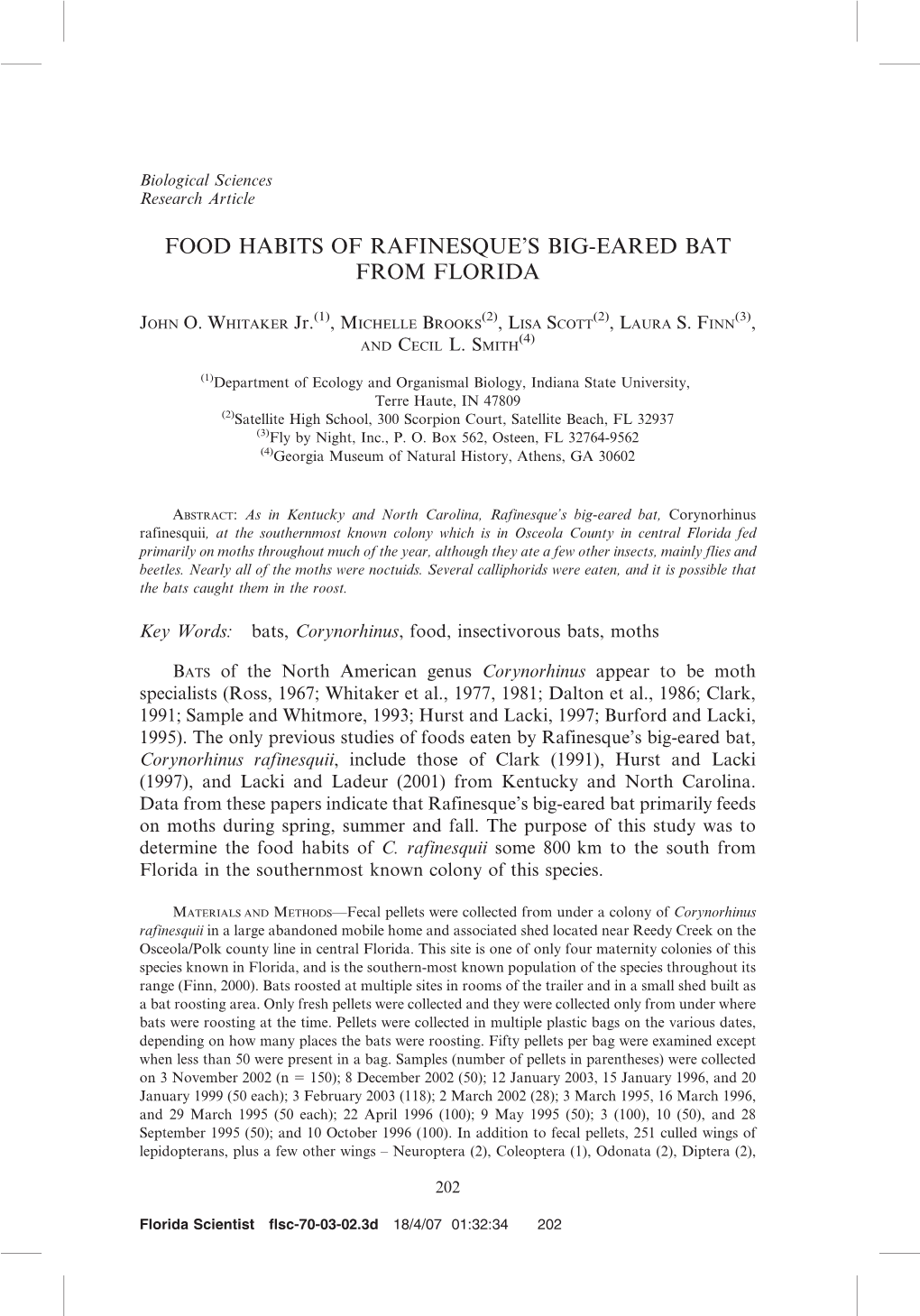 Food Habits of Rafinesque's Big-Eared Bat from Florida