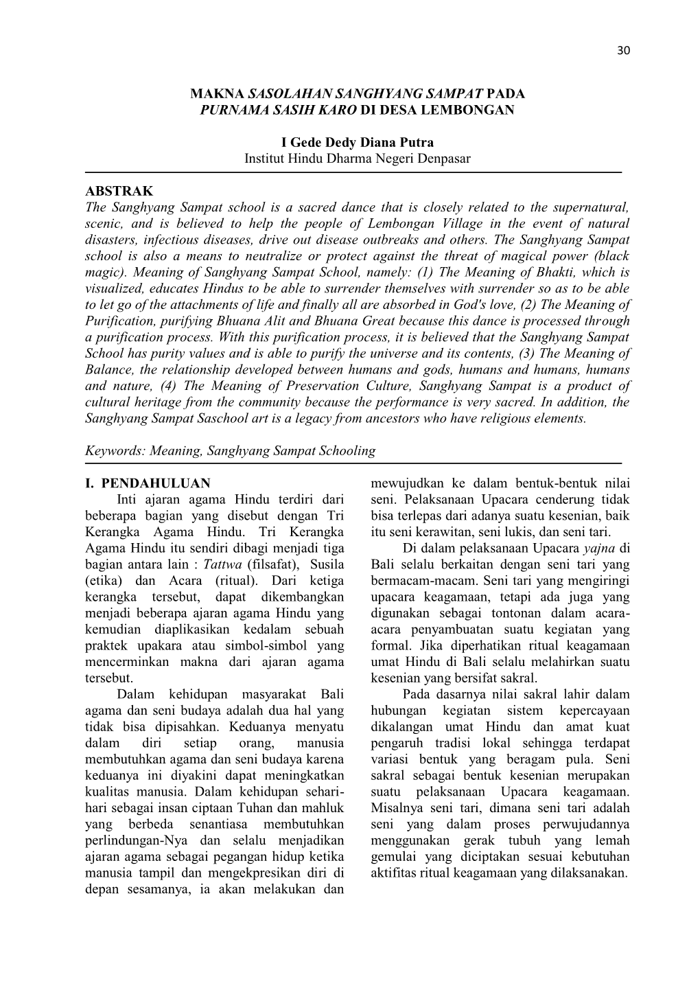 MAKNA SASOLAHAN SANGHYANG SAMPAT PADA PURNAMA SASIH KARO DI DESA LEMBONGAN I Gede Dedy Diana Putra Institut Hindu Dharma Neger