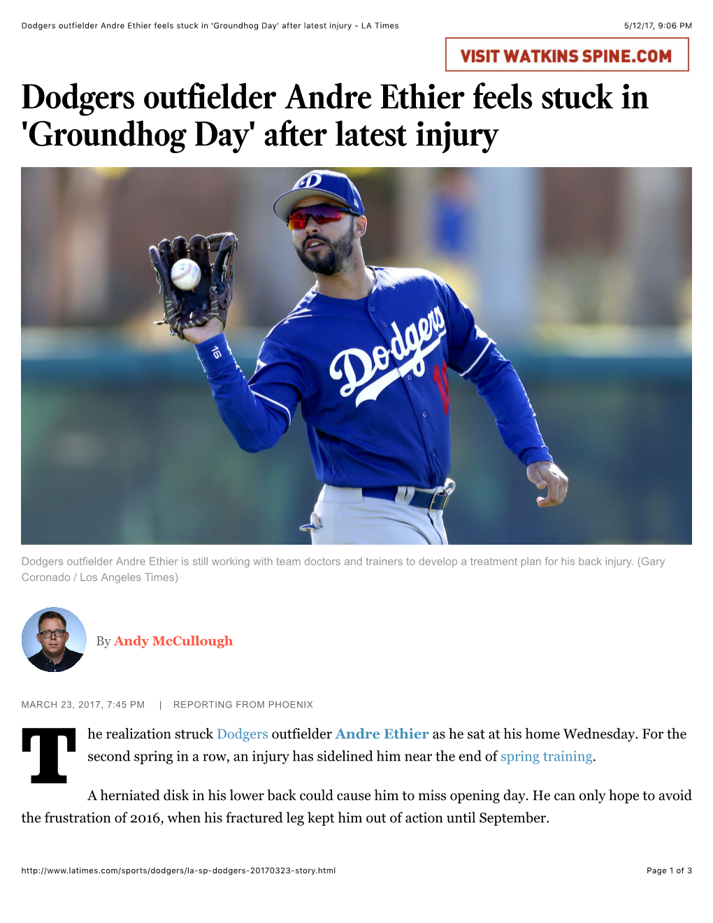 Dodgers Outfielder Andre Ethier Feels Stuck in 'Groundhog Day' After Latest Injury - LA Times 5/12/17, 9�06 PM