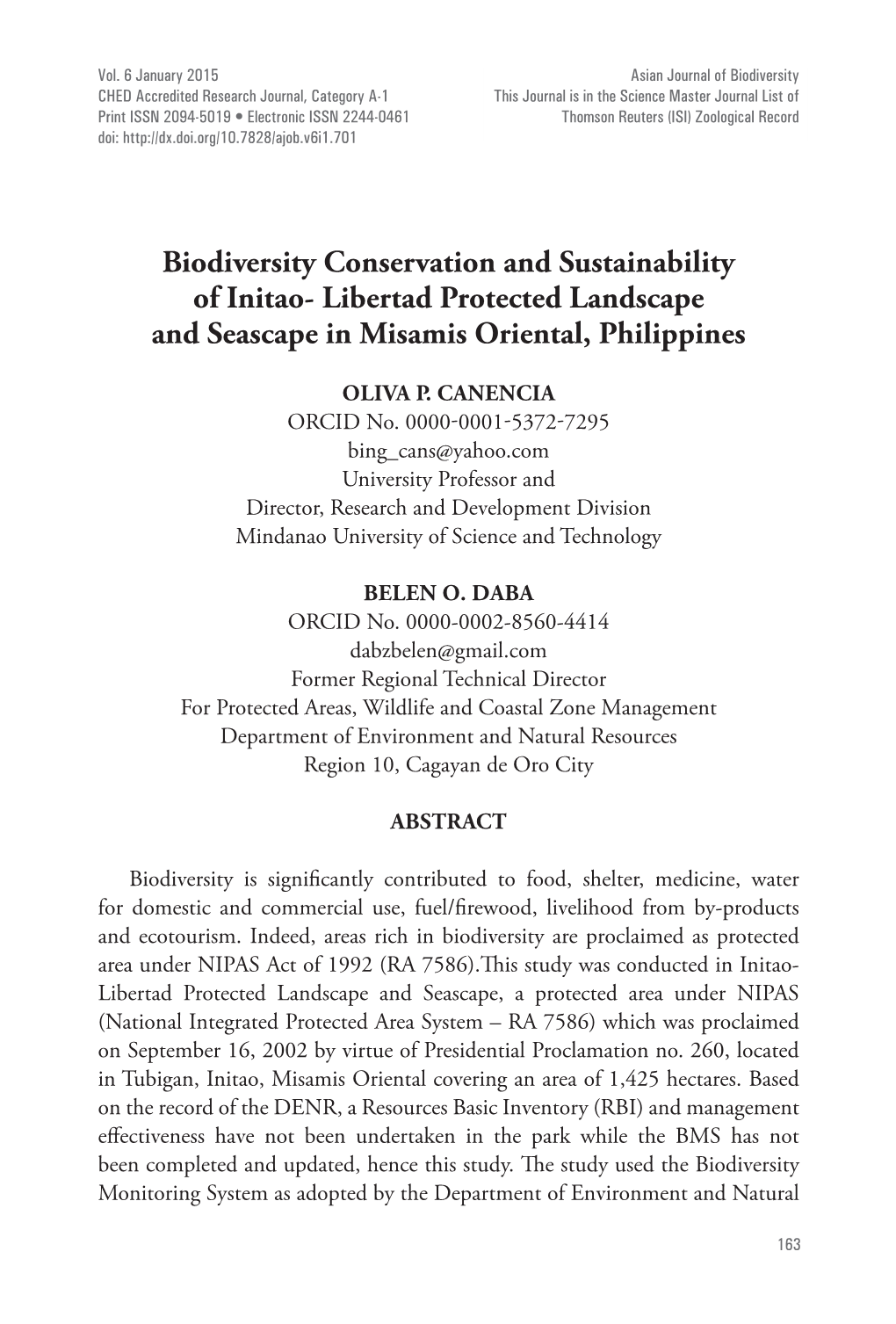 Biodiversity Conservation and Sustainability of Initao- Libertad Protected Landscape and Seascape in Misamis Oriental, Philippines