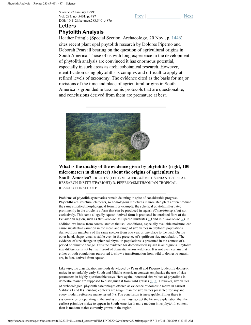 Phytolith Analysis -- Rovner 283 (5401): 487 -- Science