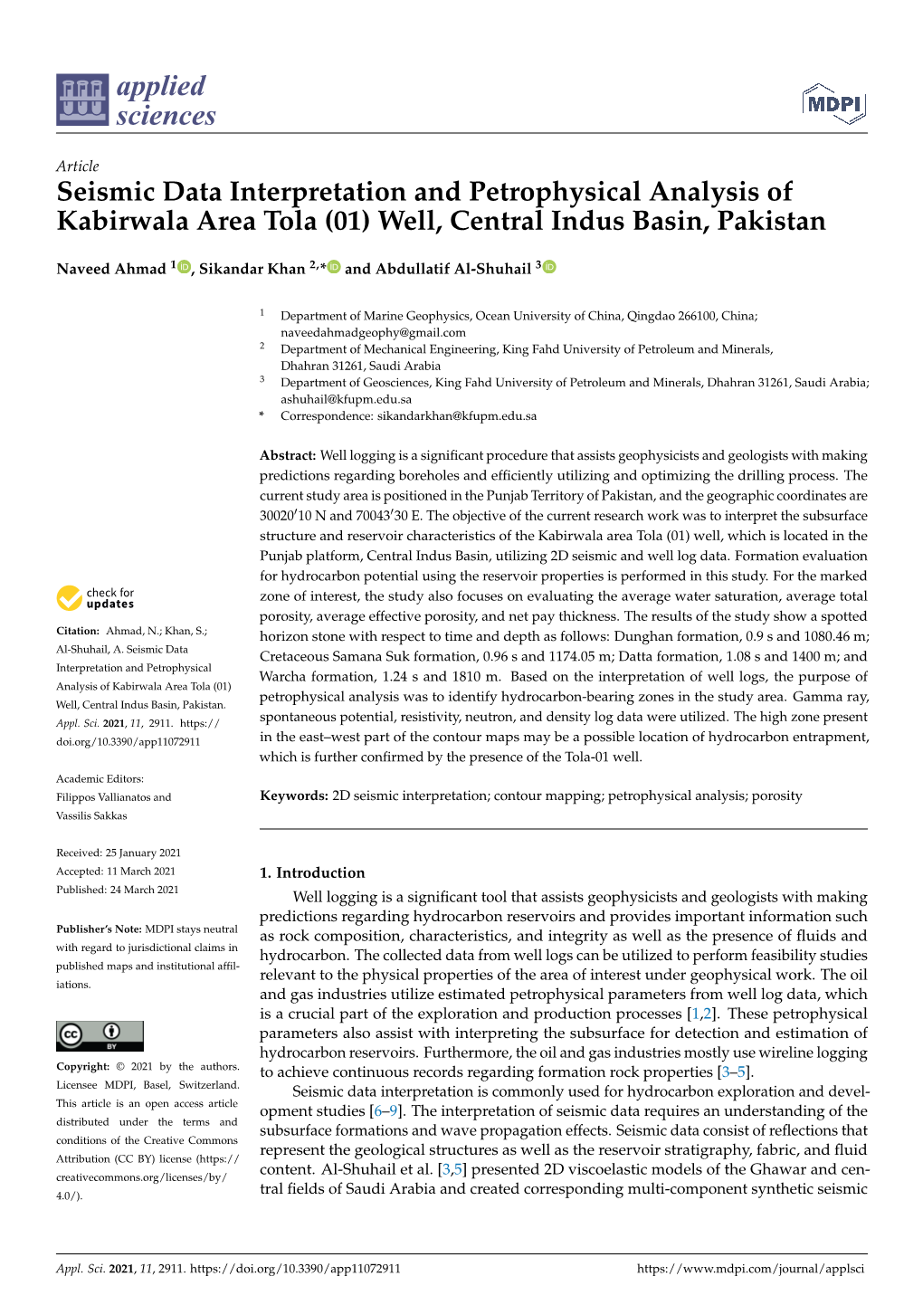 Seismic Data Interpretation and Petrophysical Analysis of Kabirwala Area Tola (01) Well, Central Indus Basin, Pakistan