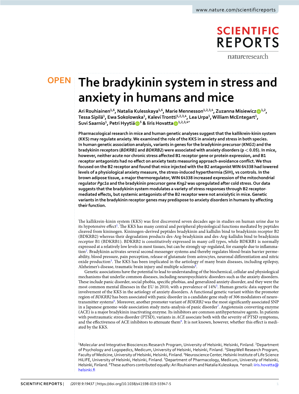 The Bradykinin System in Stress and Anxiety in Humans and Mice