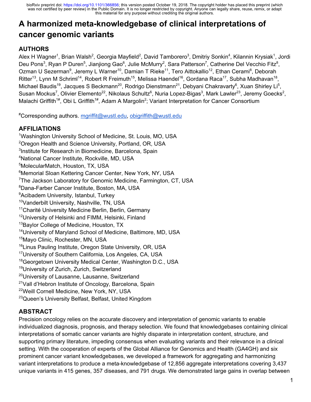 A Harmonized Meta-Knowledgebase of Clinical Interpretations of Cancer Genomic Variants