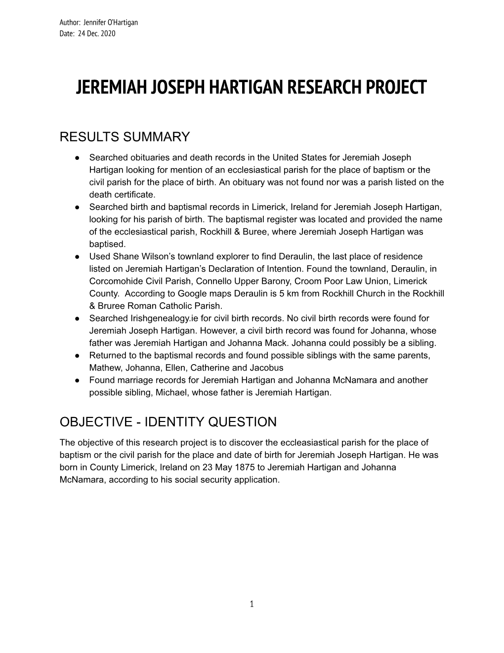 Jeremiah Joseph Hartigan Research Project