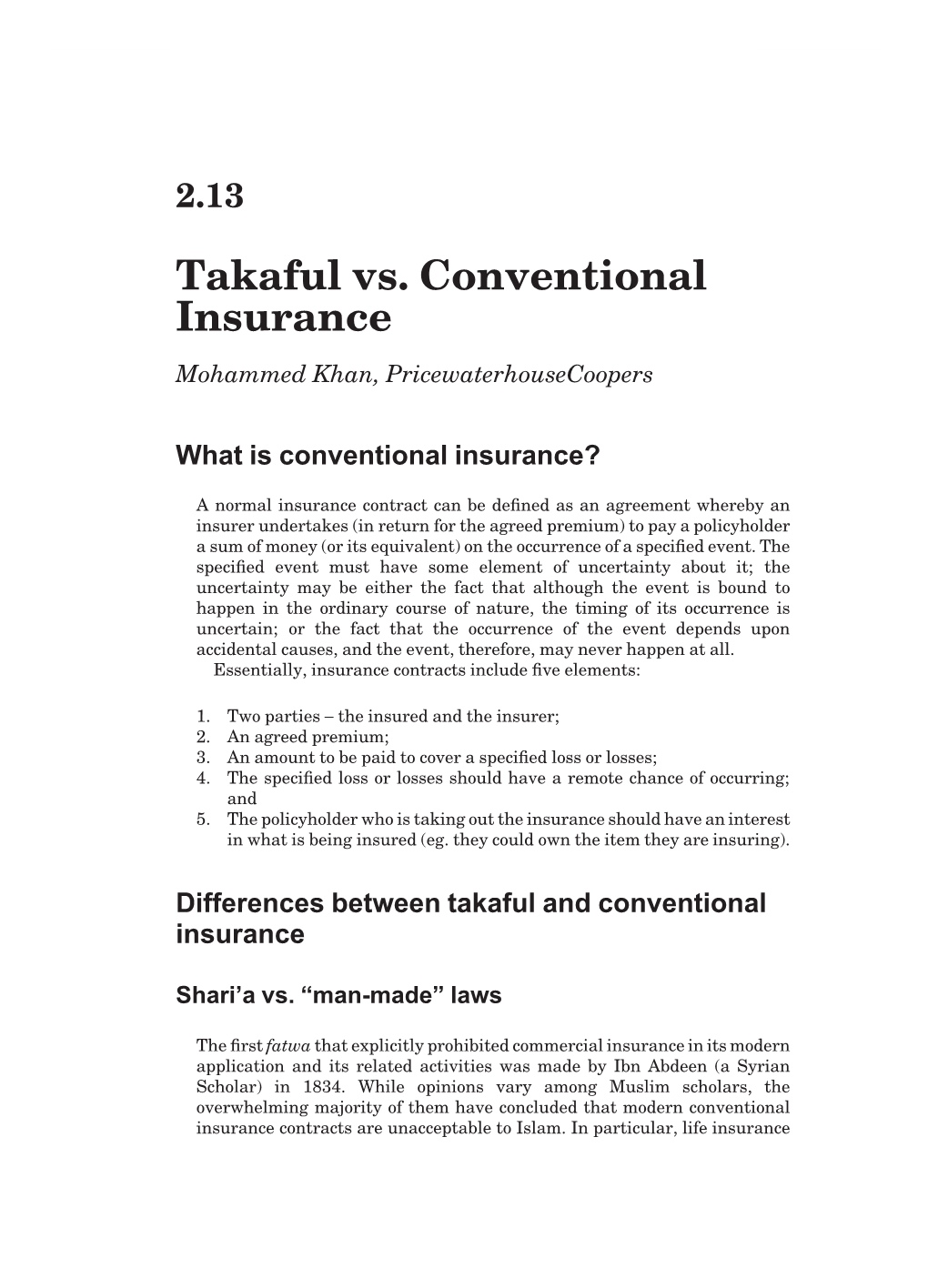 Takaful Vs. Conventional Insurance Mohammed Khan, Pricewaterhousecoopers