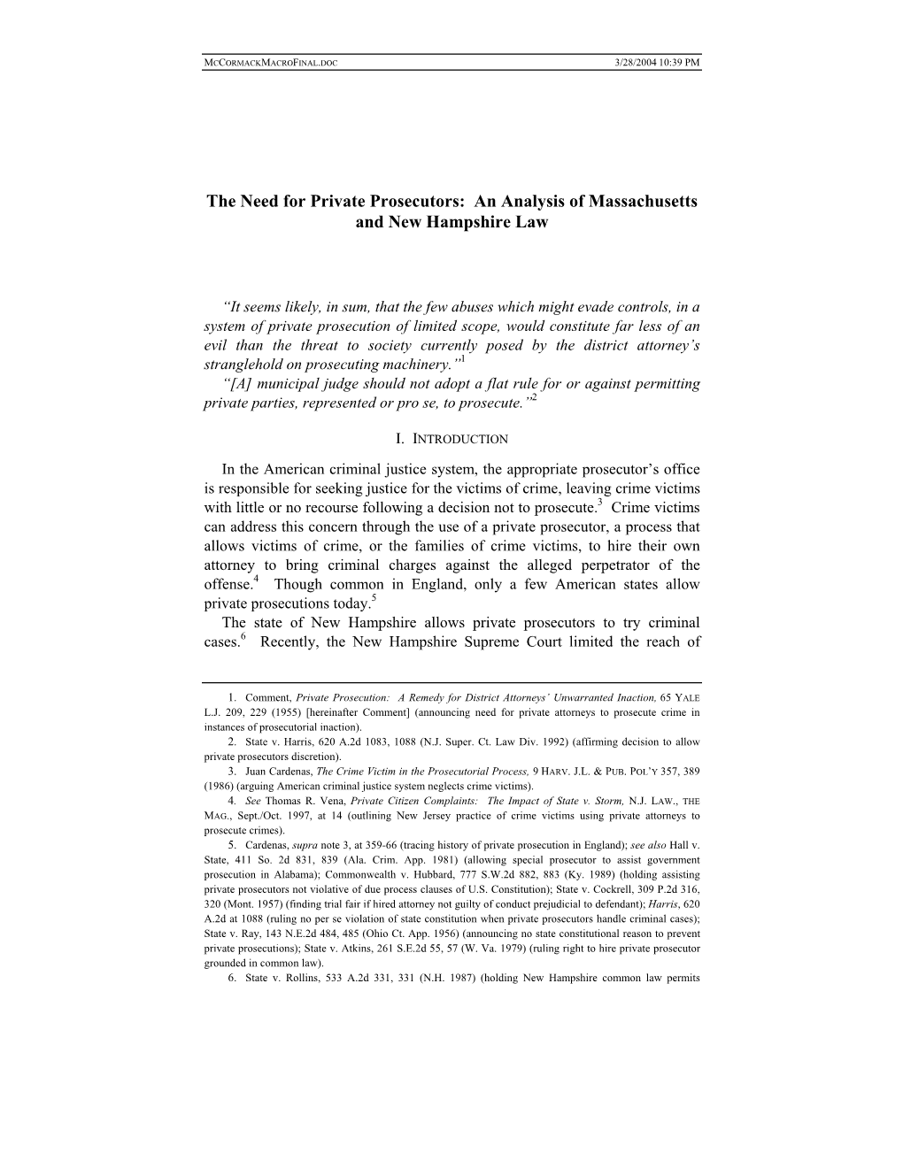 The Need for Private Prosecutors: an Analysis of Massachusetts and New Hampshire Law