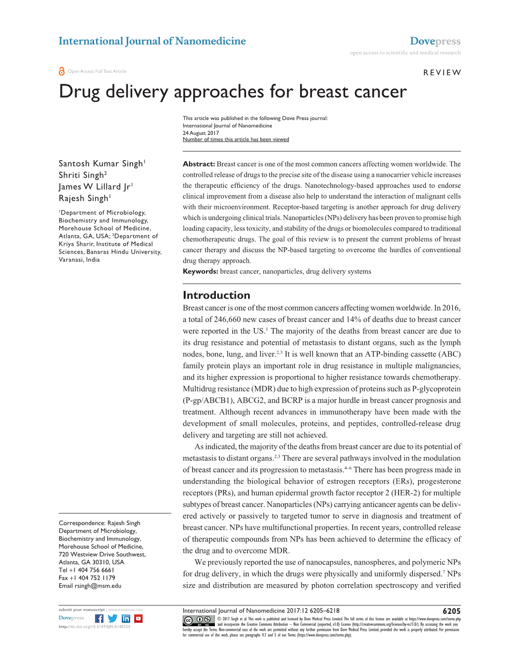 Drug Delivery Approaches for Breast Cancer