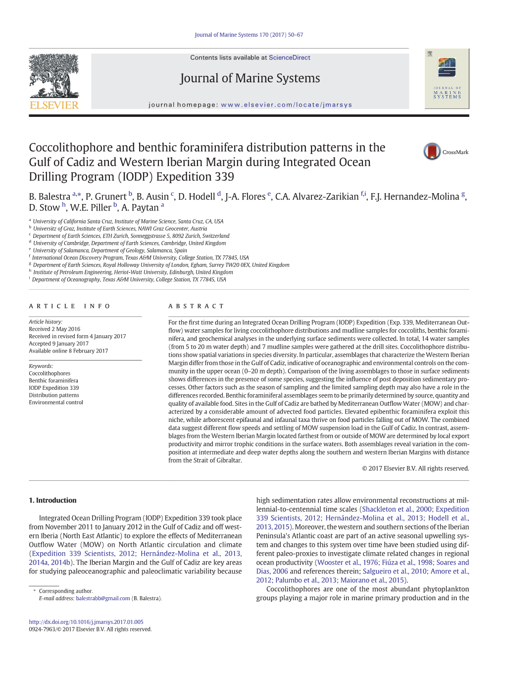 Coccolithophore and Benthic Foraminifera Distribution Patterns In