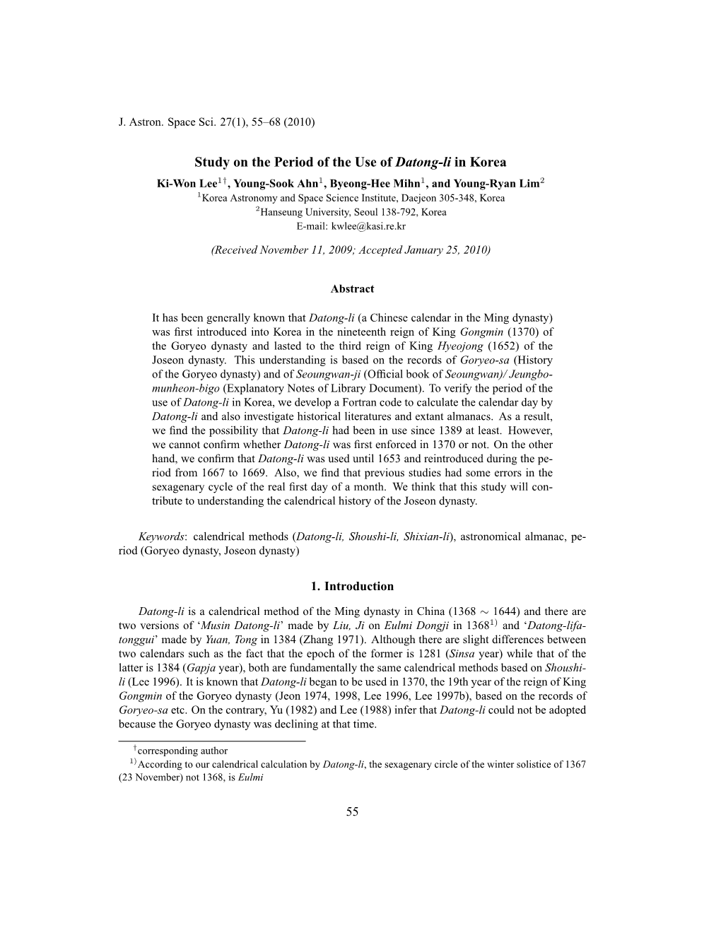 Study on the Period of the Use of Datong-Li in Korea