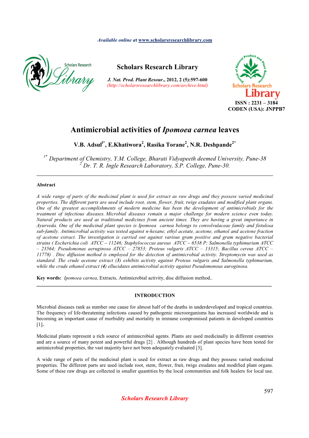 Antimicrobial Activities of Ipomoea Carnea Leaves