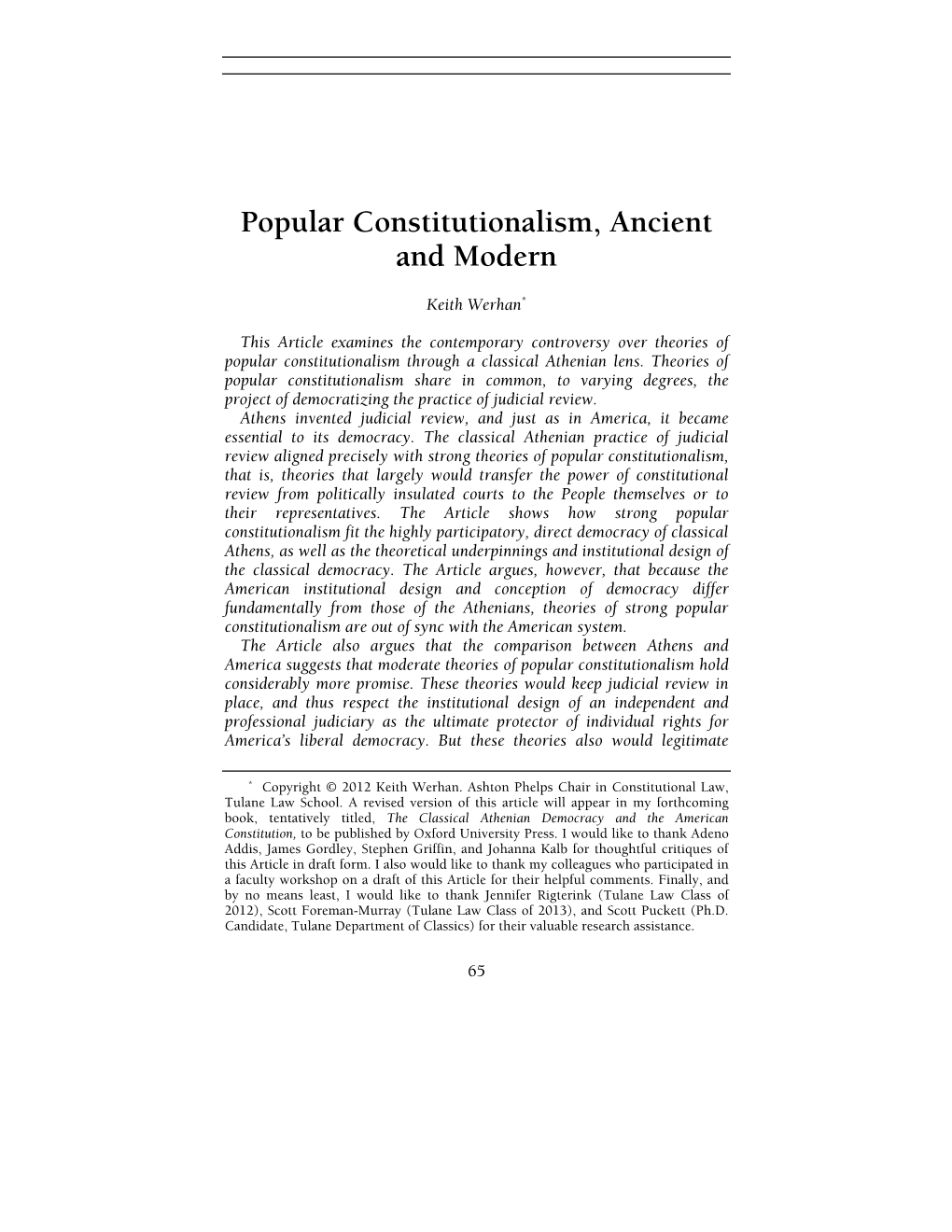 Popular Constitutionalism, Ancient and Modern