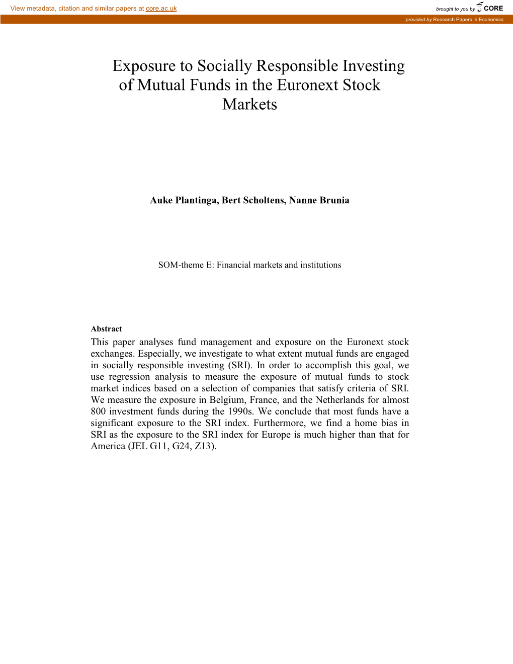 Exposure to Socially Responsible Investing of Mutual Funds in the Euronext Stock Markets