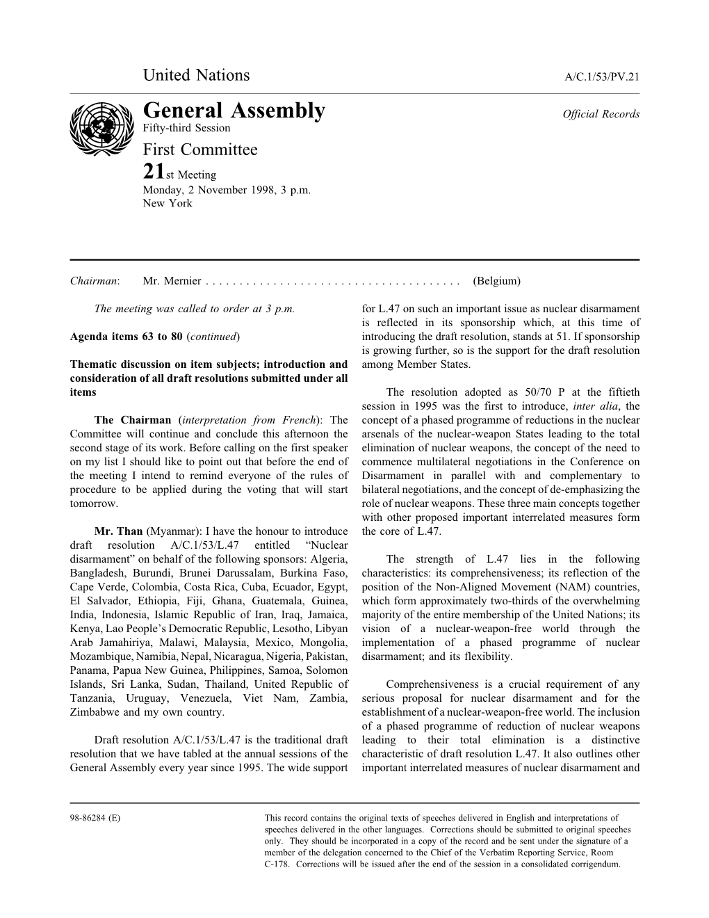 General Assembly Official Records Fifty-Third Session First Committee 21St Meeting Monday, 2 November 1998, 3 P.M