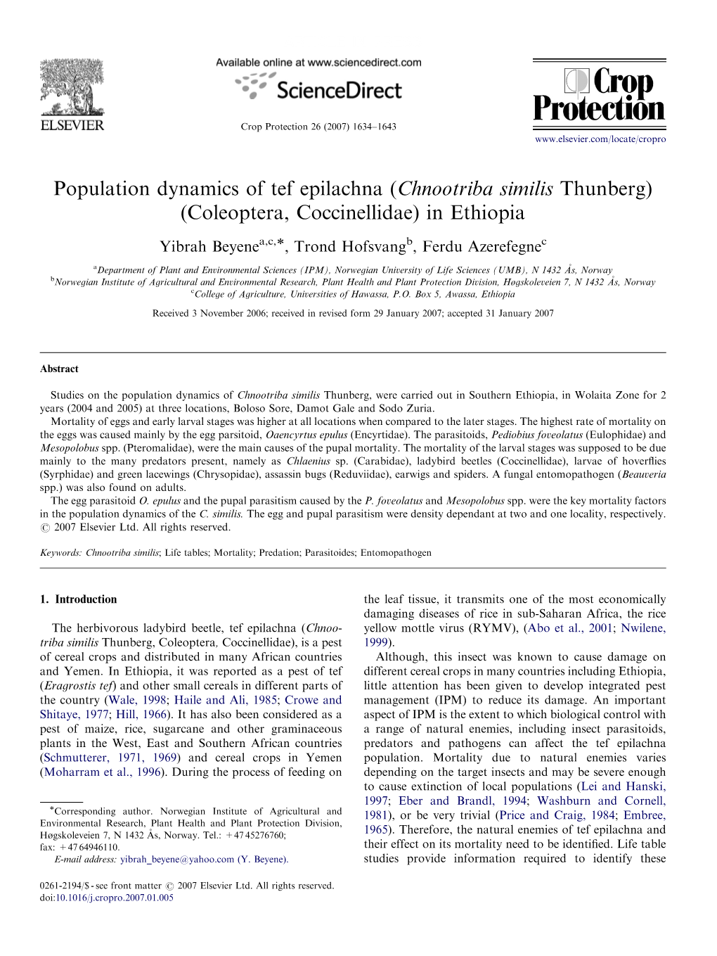 Population Dynamics of Tef Epilachna (Chnootriba Similis Thunberg) (Coleoptera, Coccinellidae) in Ethiopia