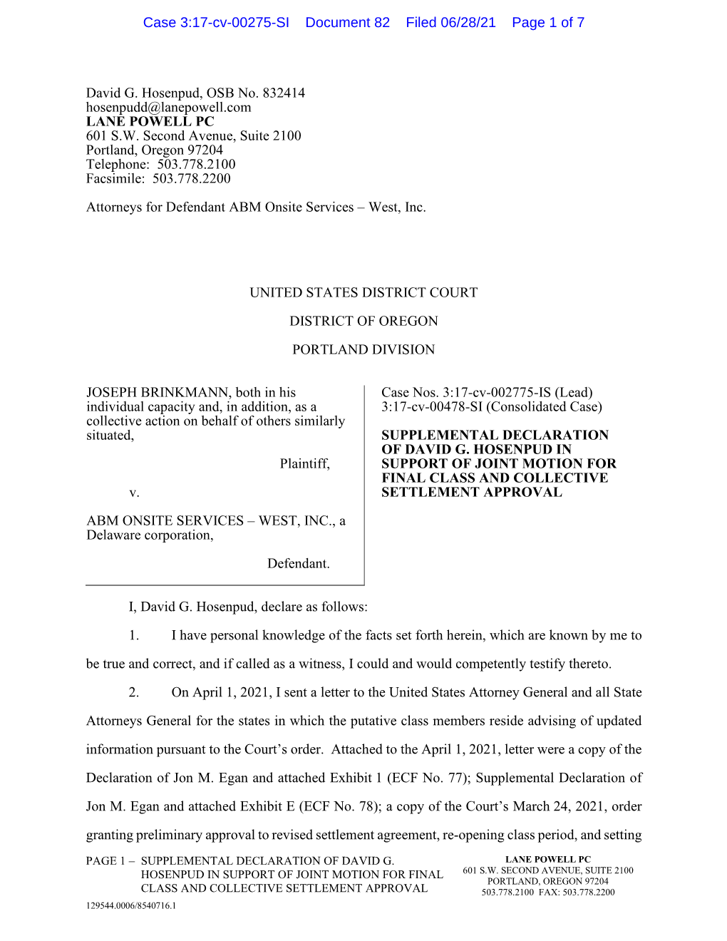 SUPPLEMENTAL DECLARATION of DAVID G. HOSENPUD in Plaintiff, SUPPORT of JOINT MOTION for FINAL CLASS and COLLECTIVE V