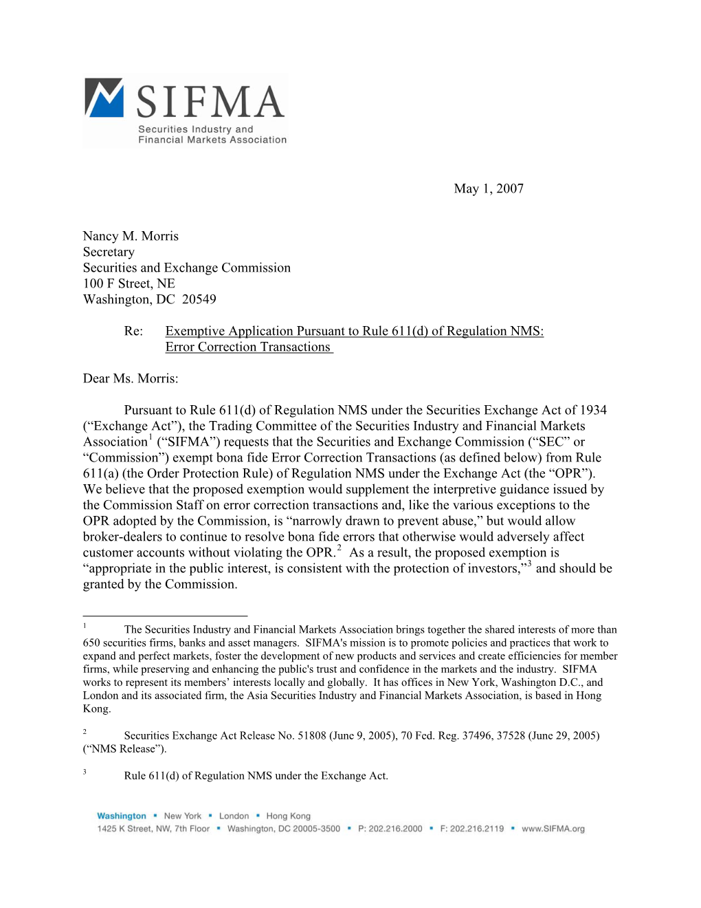 SIFMA Submits Comments to the SEC on Exemptive Relief for Error Correction Transactions