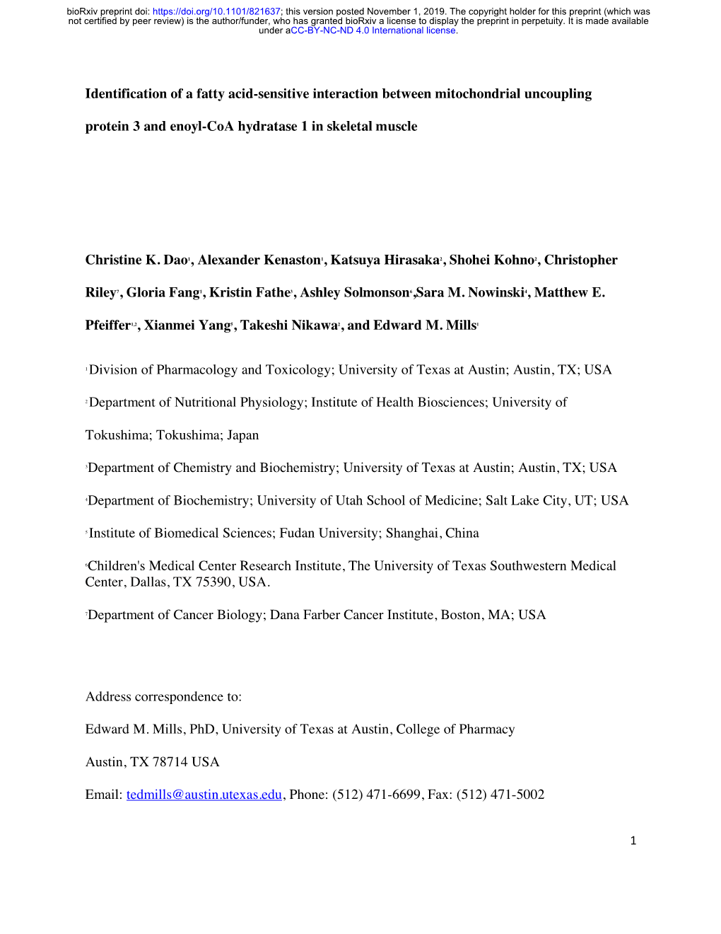 Identification of a Fatty Acid-Sensitive Interaction Between Mitochondrial Uncoupling Protein 3 and Enoyl-Coa Hydratase 1 In