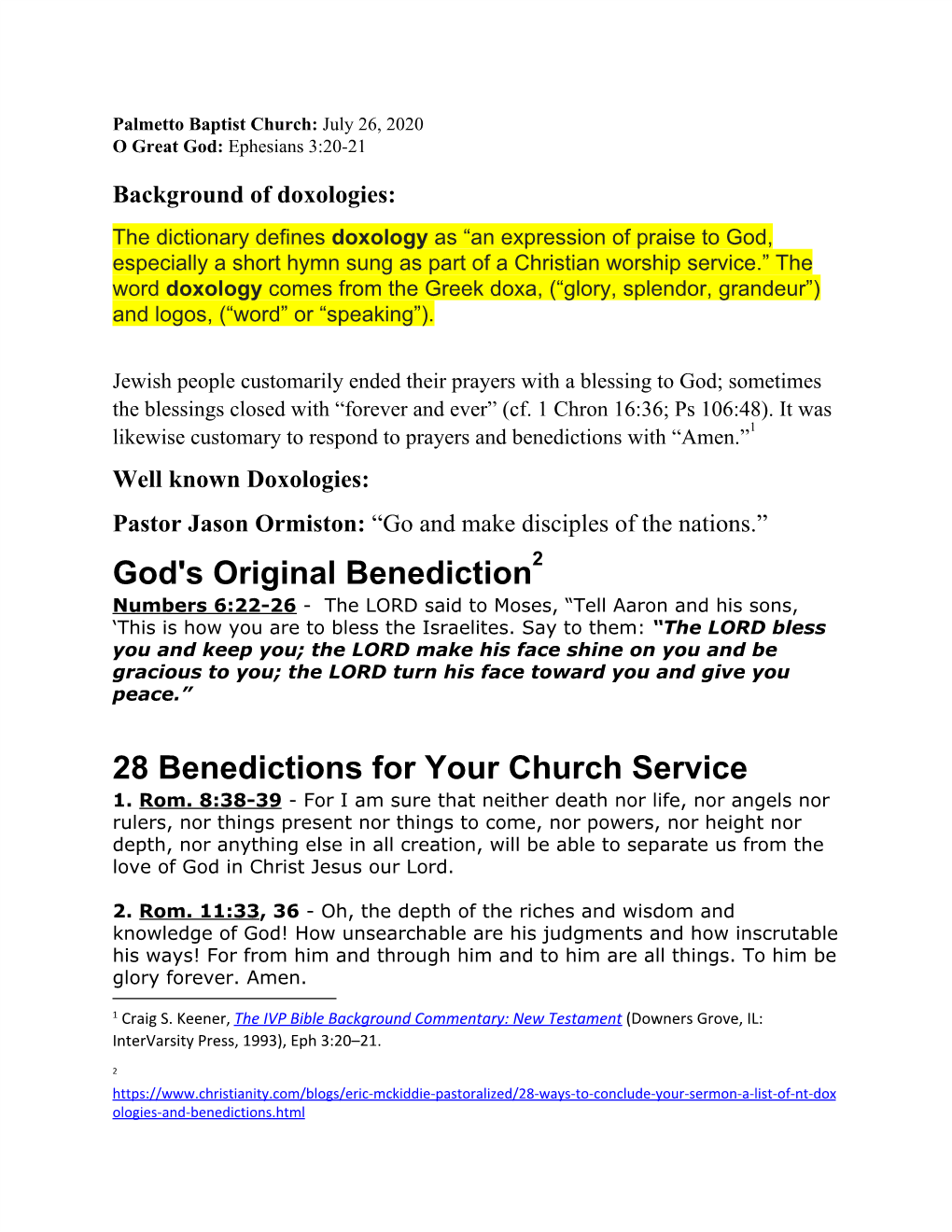 God's Original Benediction 28 Benedictions for Your Church Service