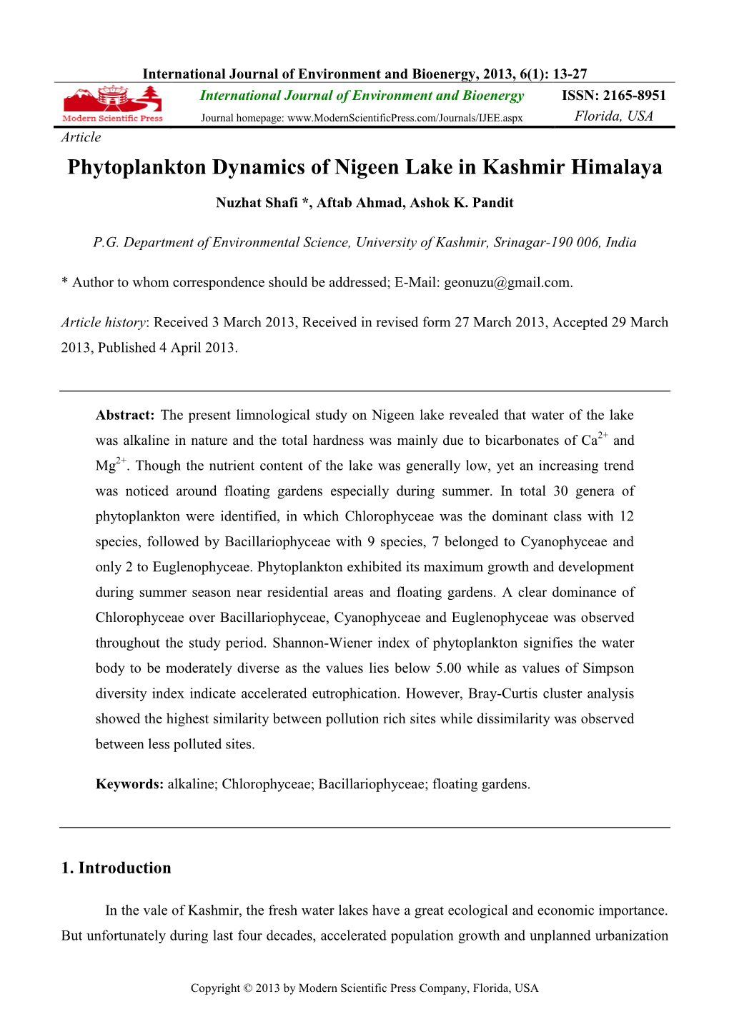 Phytoplankton Dynamics of Nigeen Lake in Kashmir Himalaya