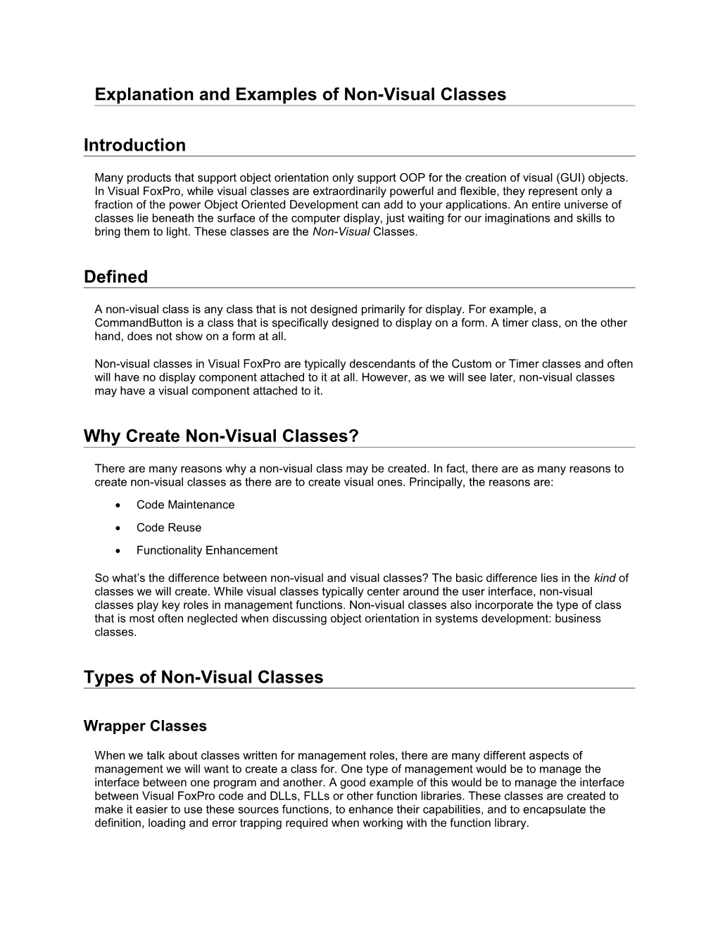 Explanation and Examples of Non-Visual Classes