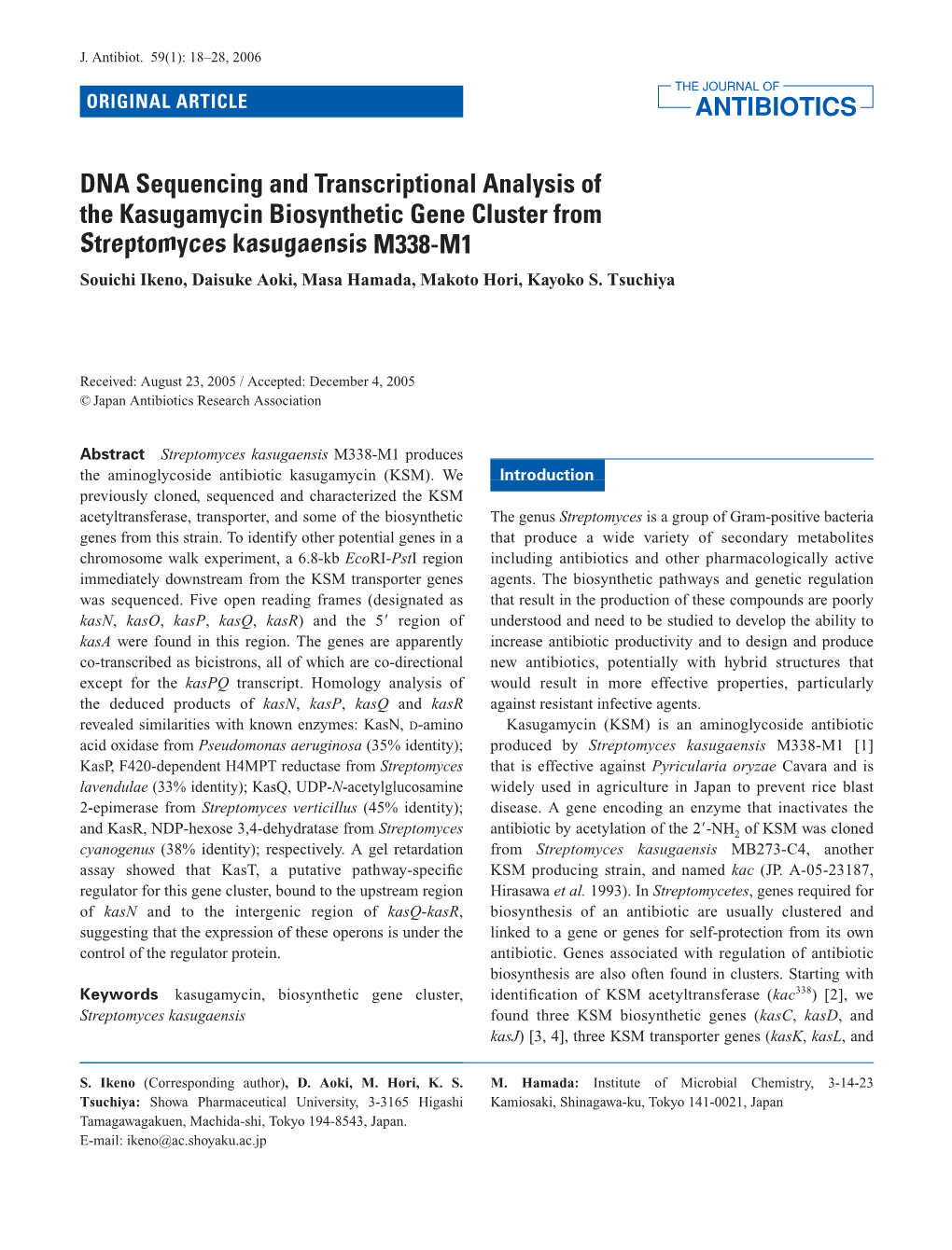 DNA Sequencing and Transcriptional Analysis of the Kasugamycin