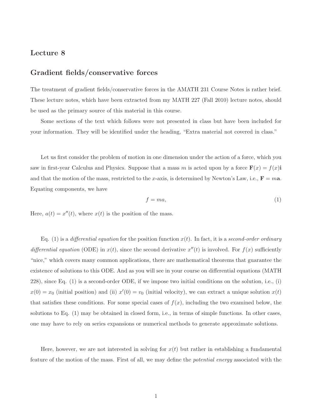 Lecture 8 Gradient Fields/Conservative Forces