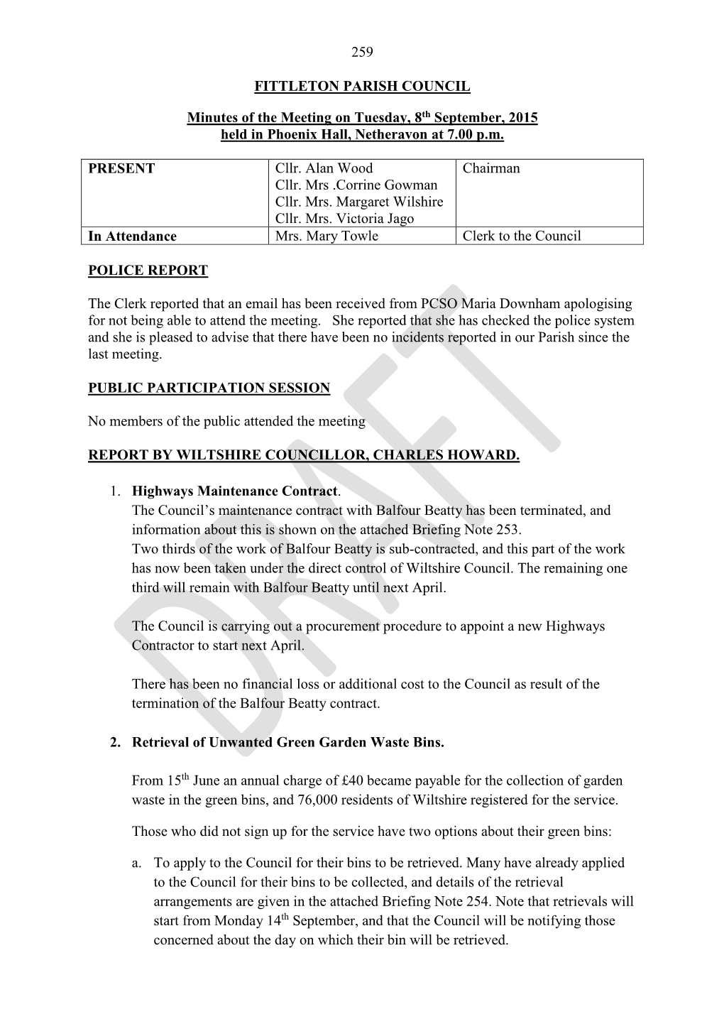 259 FITTLETON PARISH COUNCIL Minutes of the Meeting On